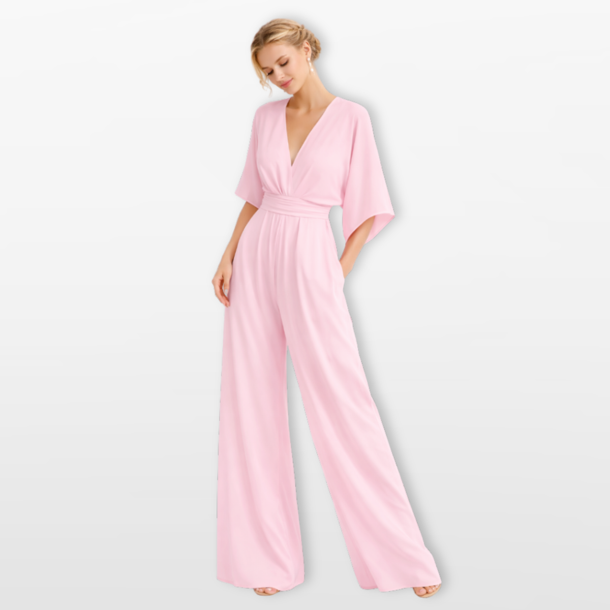 Women Elegant V Neck Wide Leg Jumpsuit