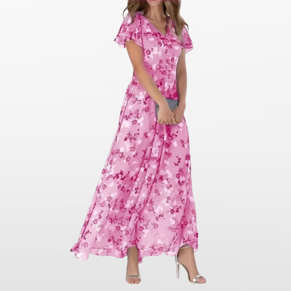 Women Floral Maxi Dress Flutter Sleeve
